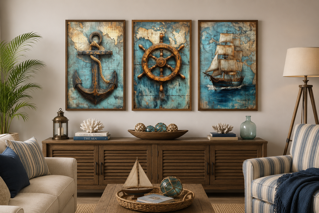 Set of 3 nautical wall art featuring an anchor, helm, and ship on vintage blue antique maps.
