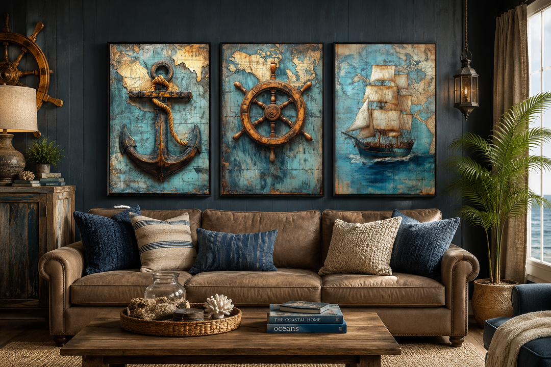 Set of 3 nautical wall art featuring a vintage ship, anchor, and helm on antique map backgrounds.