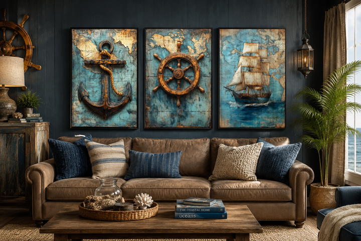 Set of 3 nautical wall art featuring a vintage ship, anchor, and helm on antique map backgrounds.
