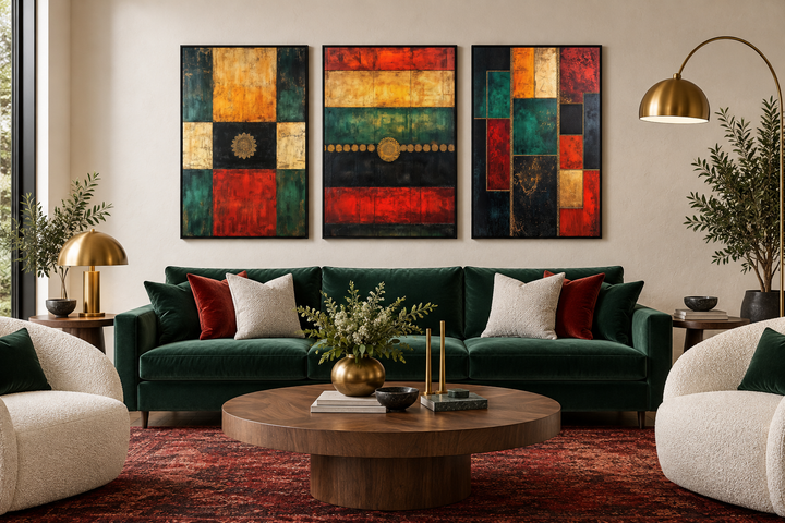 3er-Set, rot, grün, gelb, modern, geometrisch, abstrakt, Leinwandbild