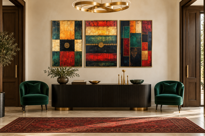 3er-Set, rot, grün, gelb, modern, geometrisch, abstrakt, Leinwandbild