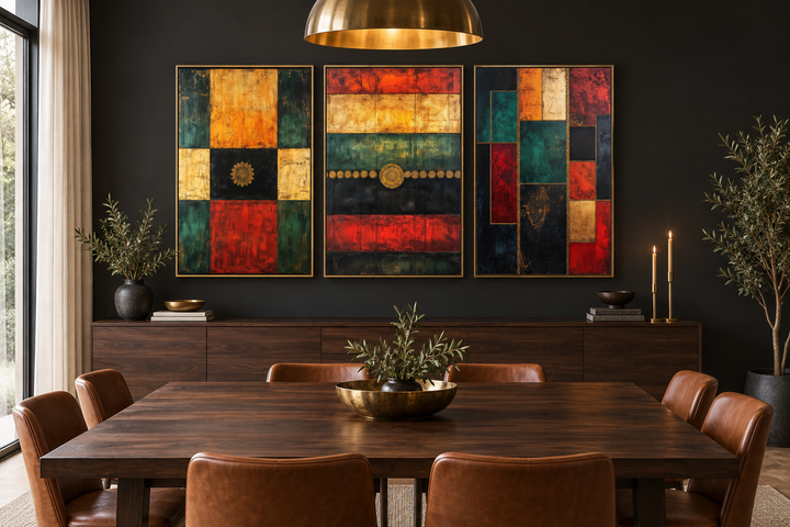 3er-Set, rot, grün, gelb, modern, geometrisch, abstrakt, Leinwandbild
