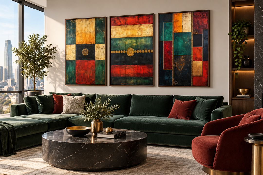 3er-Set, rot, grün, gelb, modern, geometrisch, abstrakt, Leinwandbild