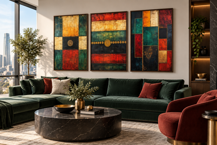 3er-Set, rot, grün, gelb, modern, geometrisch, abstrakt, Leinwandbild