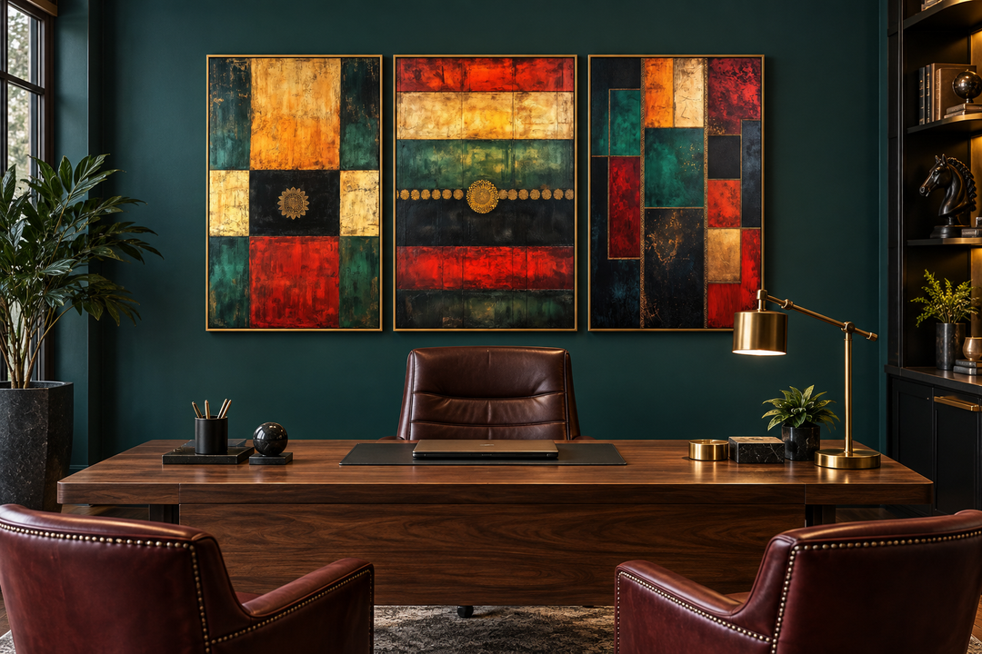 3er-Set, rot, grün, gelb, modern, geometrisch, abstrakt, Leinwandbild