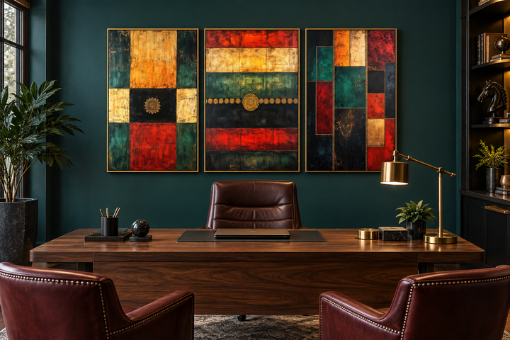 3er-Set, rot, grün, gelb, modern, geometrisch, abstrakt, Leinwandbild