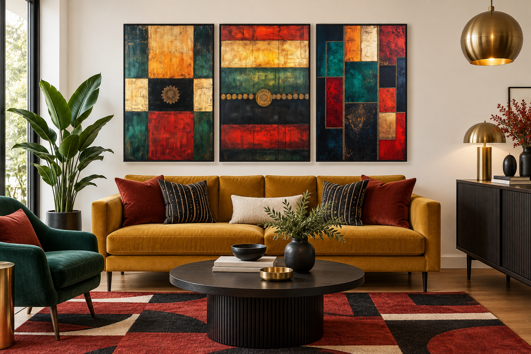 3er-Set, rot, grün, gelb, modern, geometrisch, abstrakt, Leinwandbild