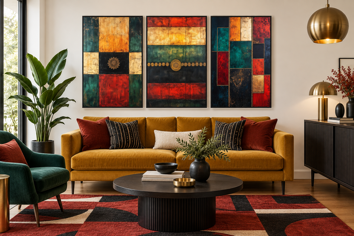 3er-Set, rot, grün, gelb, modern, geometrisch, abstrakt, Leinwandbild