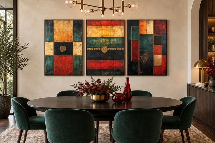 3er-Set, rot, grün, gelb, modern, geometrisch, abstrakt, Leinwandbild