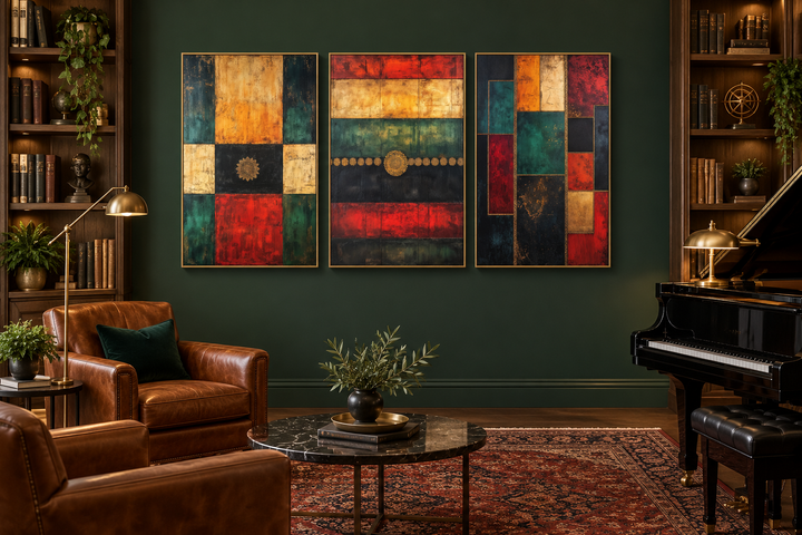 3er-Set, rot, grün, gelb, modern, geometrisch, abstrakt, Leinwandbild