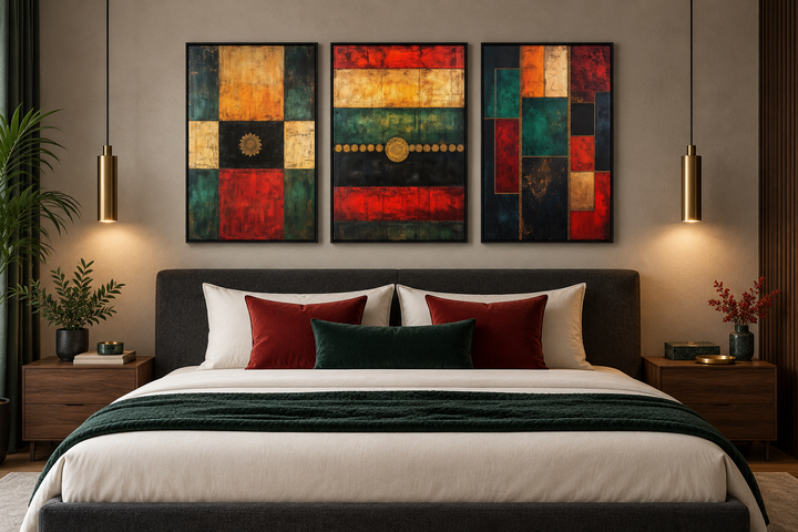 3er-Set, rot, grün, gelb, modern, geometrisch, abstrakt, Leinwandbild