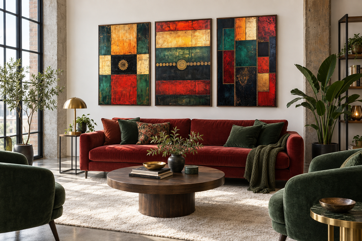 3er-Set, rot, grün, gelb, modern, geometrisch, abstrakt, Leinwandbild