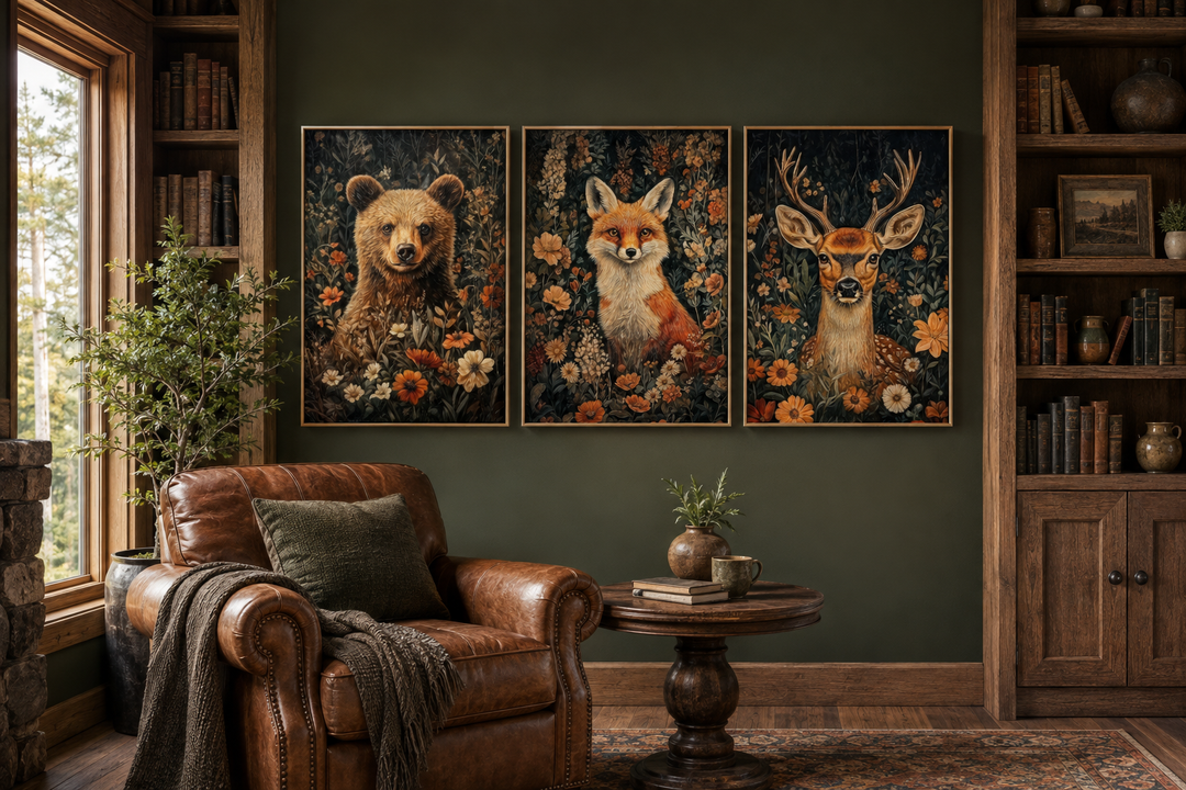 Set of 3 William Morris inspired wildlife prints featuring a bear, fox, and deer in floral patterns.