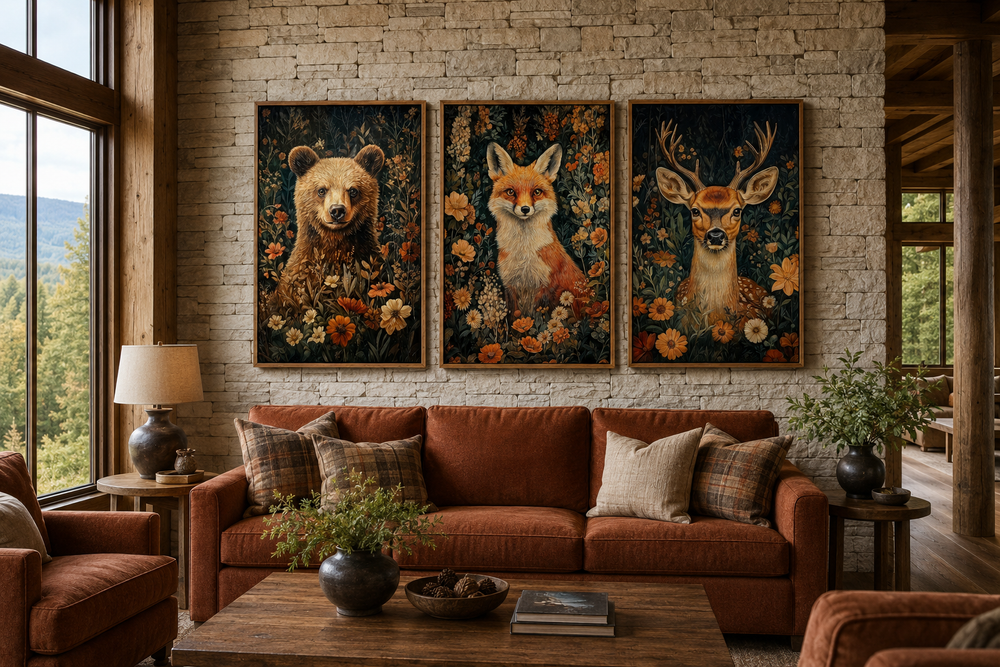 Set of 3 William Morris inspired wildlife prints featuring a bear, fox, and deer in floral patterns.