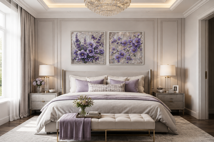 Set of two canvas prints featuring purple cherry blossoms and butterflies above a bed.