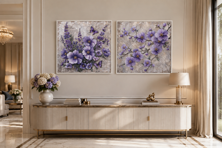 Set of two canvas prints featuring purple cherry blossoms and butterflies on a textured background.