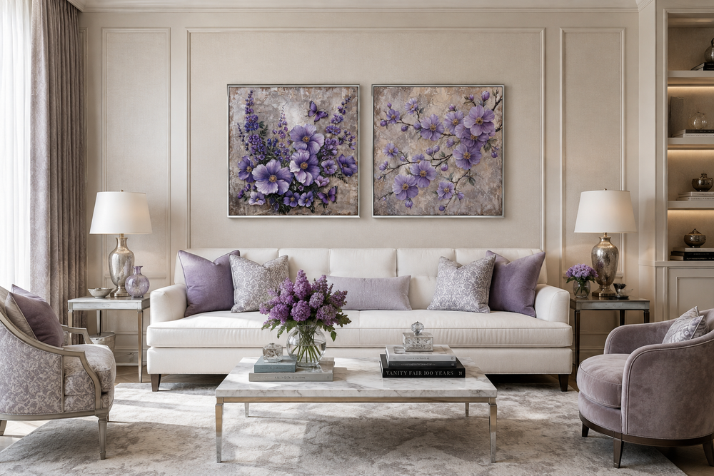 Set of 2 canvas prints featuring purple cherry blossoms and butterflies over a white sofa.