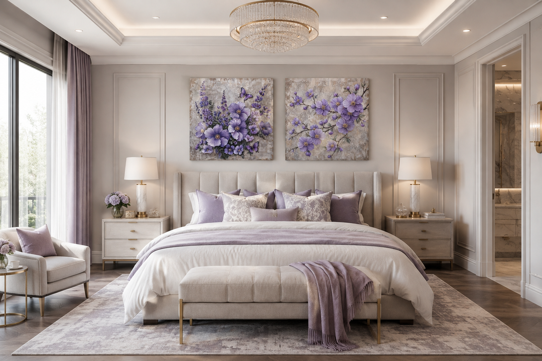 Set of two purple floral canvas prints with cherry blossoms and butterflies above a bed.