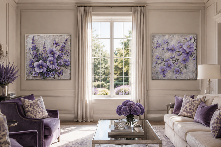 Set of two canvas wall art pieces featuring purple cherry blossoms and butterflies in a living room.