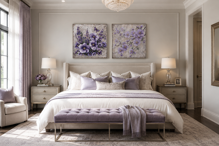 Set of 2 purple floral cherry blossom and butterfly canvas prints hung above a bed.