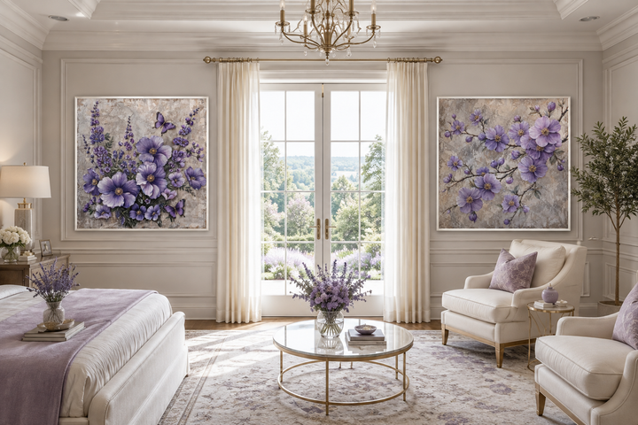 Set of 2 canvas prints featuring purple cherry blossoms and butterflies in a neutral bedroom.