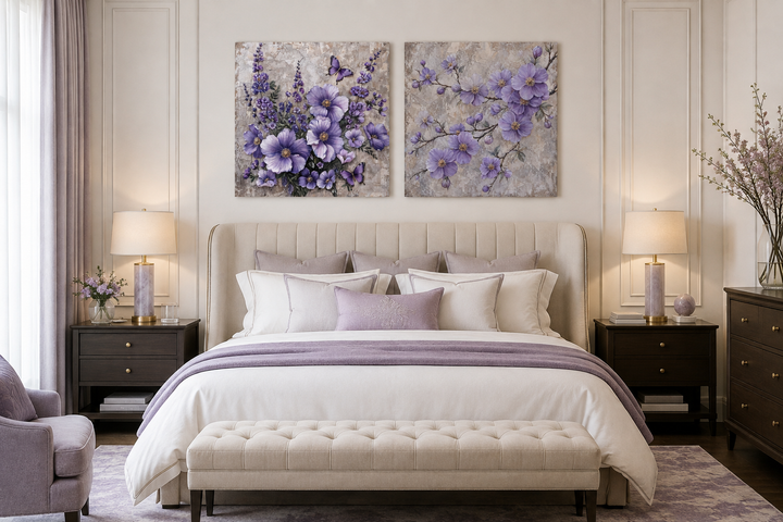 Set of 2 purple floral canvas prints with cherry blossoms and butterflies above a neutral bed.