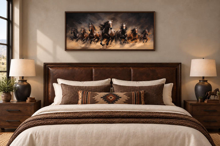 Seven wild horses galloping through dust framed canvas wall art hanging above a bed.