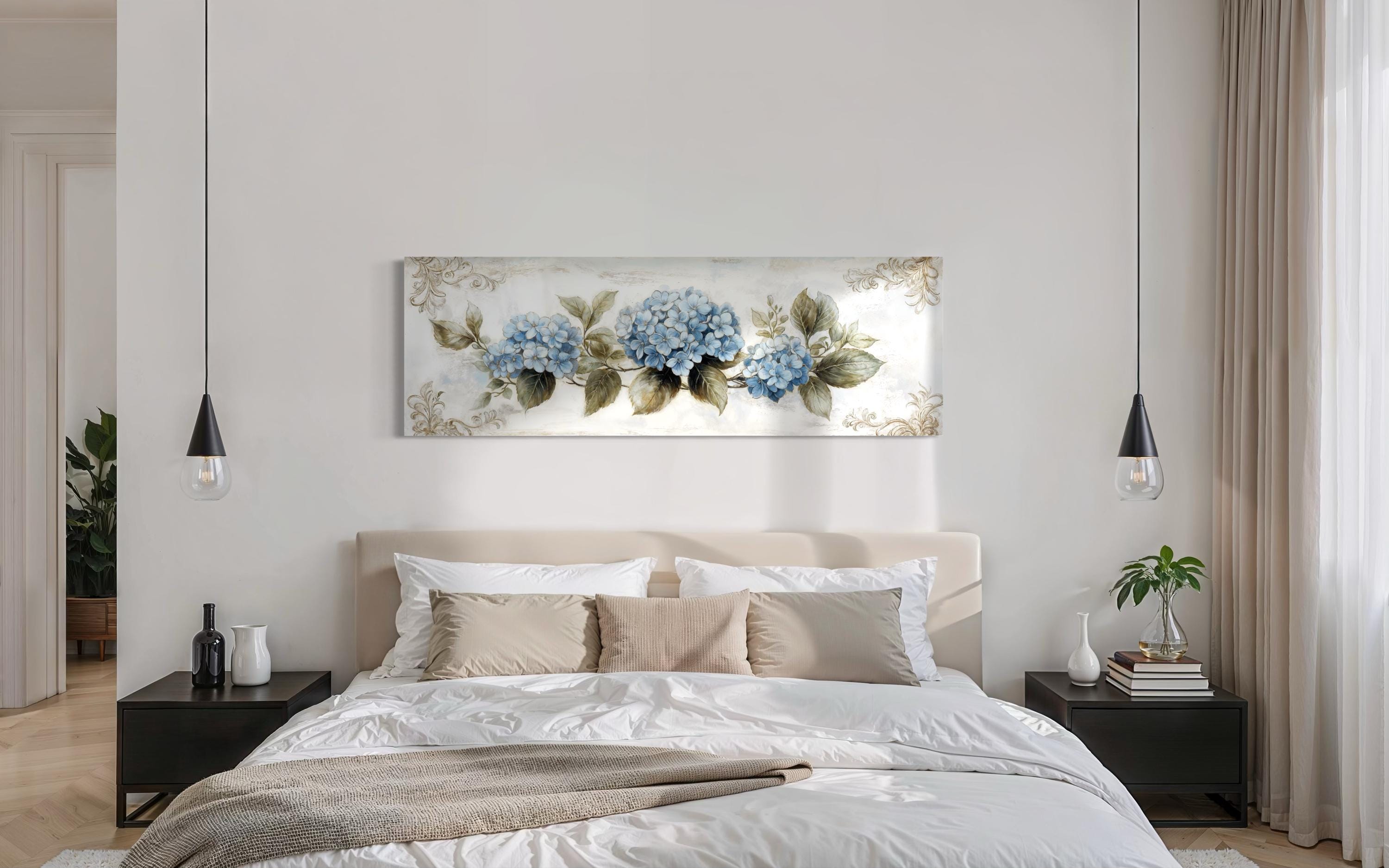 Shabby Chic Blue Hydrangea Long Horizontal Canvas Wall Art – Wall