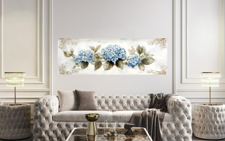Shabby chic long horizontal canvas wall art featuring blue hydrangeas in a vintage style.