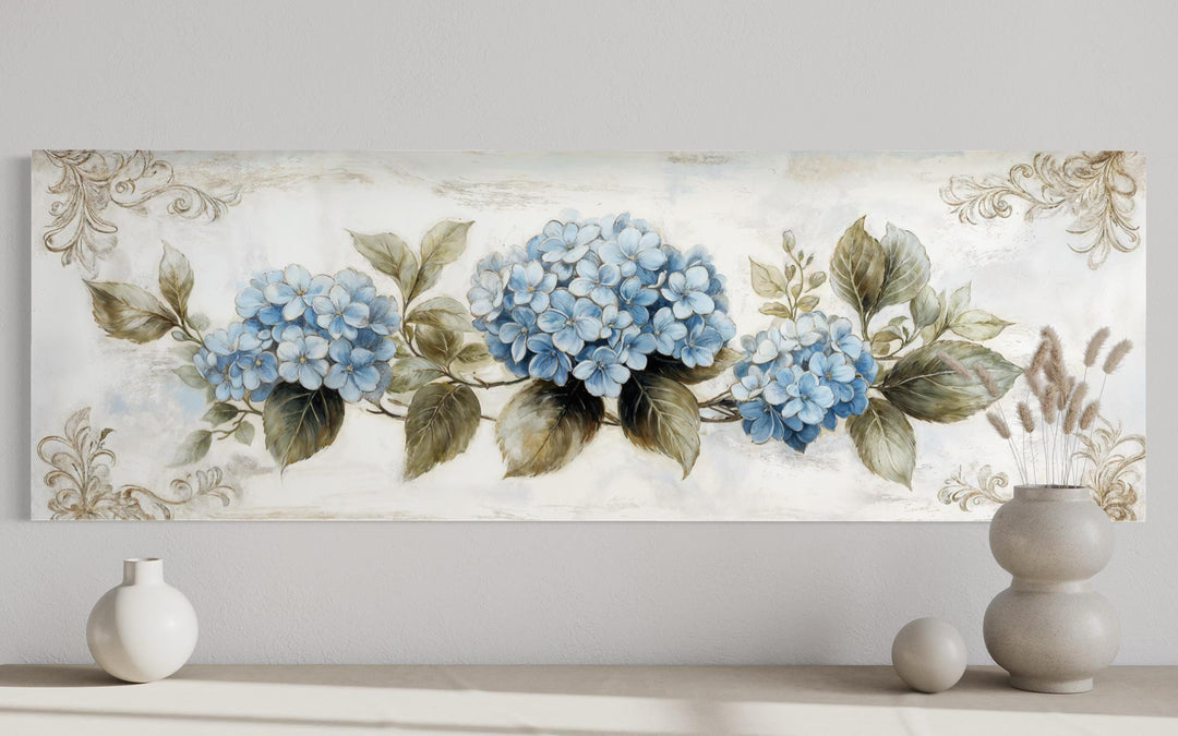 Shabby chic blue hydrangea horizontal canvas wall art with vintage floral details and soft foliage.