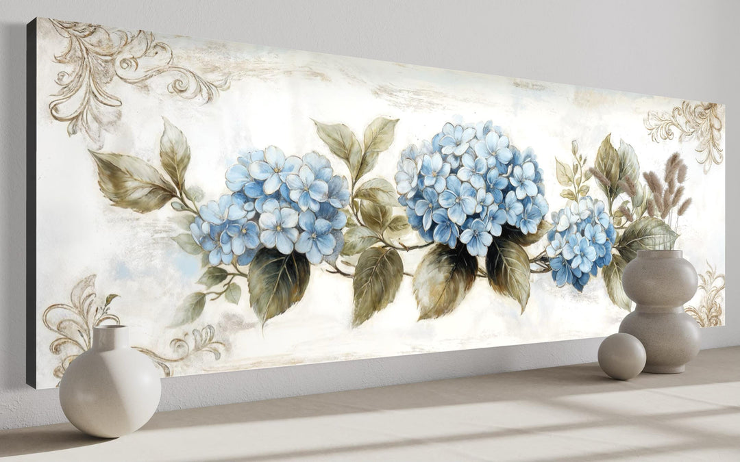 Shabby chic blue hydrangea long horizontal canvas wall art with vintage floral patterns.