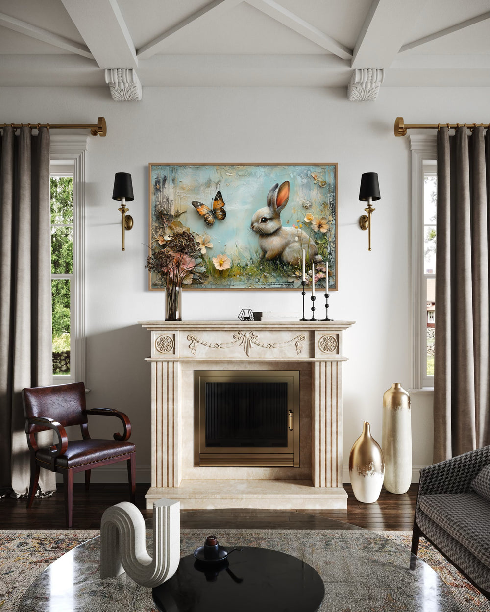 Shabby chic bunny in floral meadow farmhouse wall art.