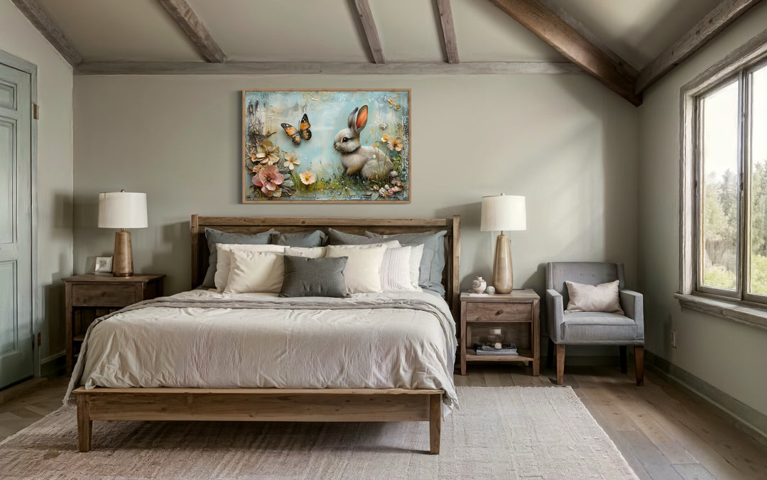 Shabby chic bunny in floral meadow farmhouse wall art.