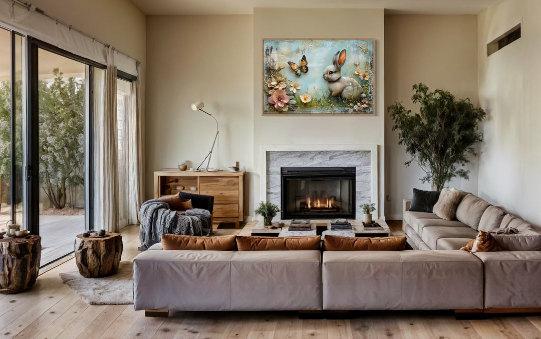 Shabby chic bunny in floral meadow farmhouse wall art.