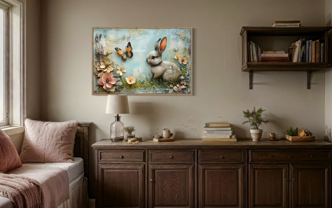 Shabby chic bunny in floral meadow farmhouse wall art.