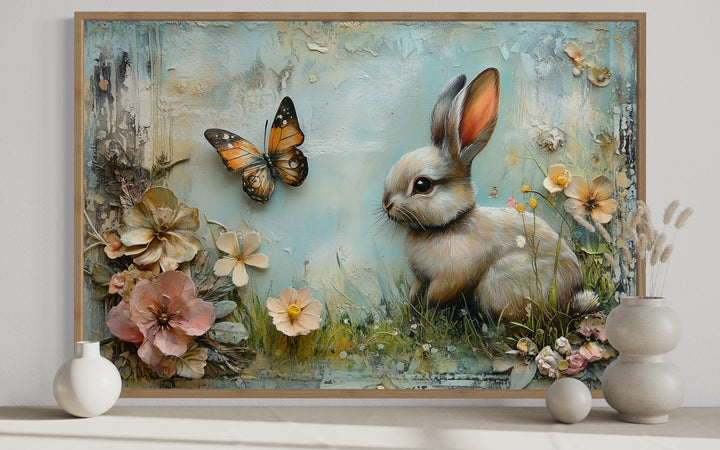 Shabby chic bunny in floral meadow farmhouse wall art.