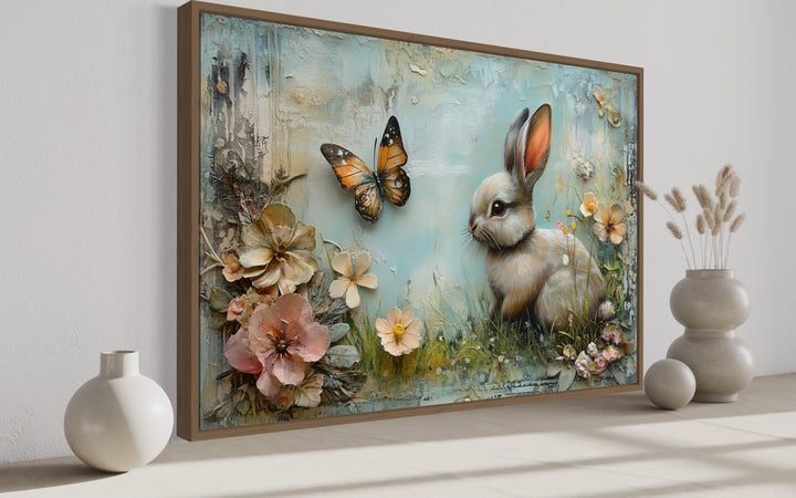 Shabby chic bunny in floral meadow farmhouse wall art.