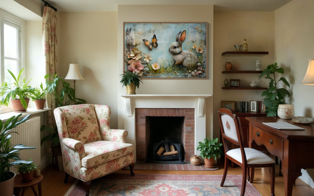 Shabby chic bunny in floral meadow farmhouse wall art.