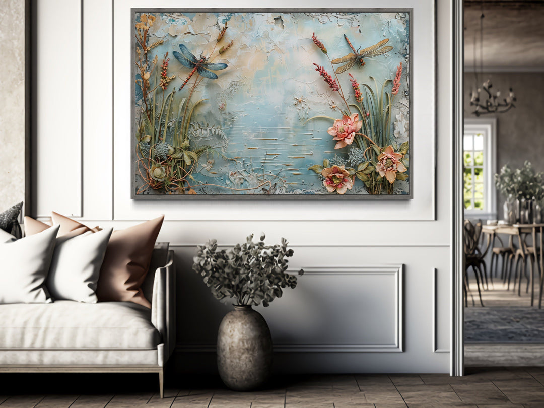 Shabby Chic Dragonfly On The Pond Painting Framed Canvas Wall Art