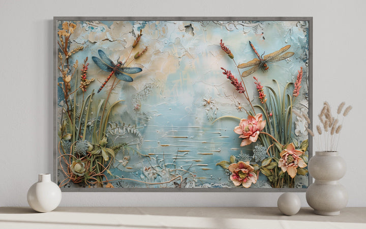 Shabby Chic Dragonfly On The Pond Painting Framed Canvas Wall Art