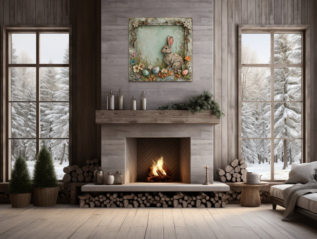 Shabby Chic Easter Bunny Framed Canvas Art - Rustic Spring Floral Wall Decor