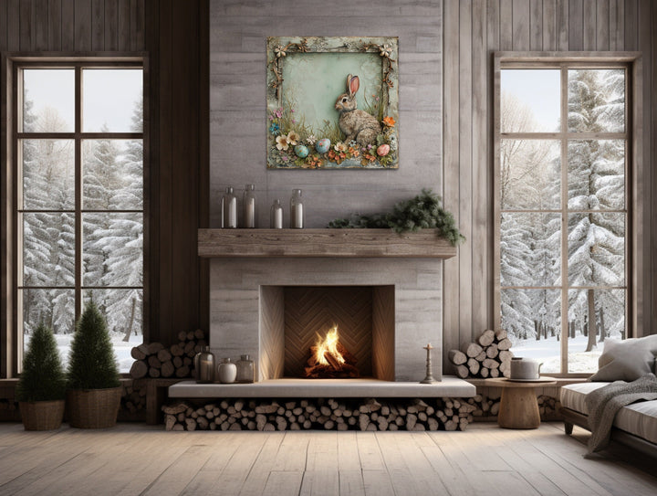 Shabby Chic Easter Bunny Framed Canvas Art - Rustic Spring Floral Wall Decor