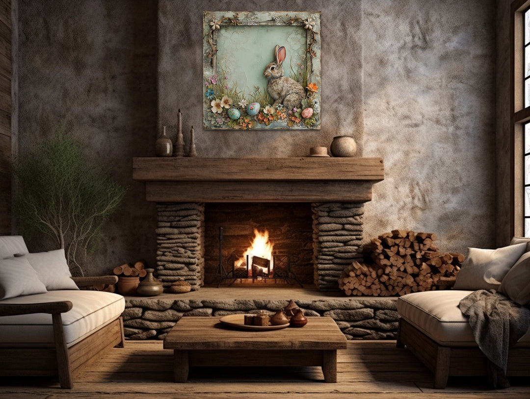 Shabby Chic Easter Bunny Framed Canvas Art - Rustic Spring Floral Wall Decor