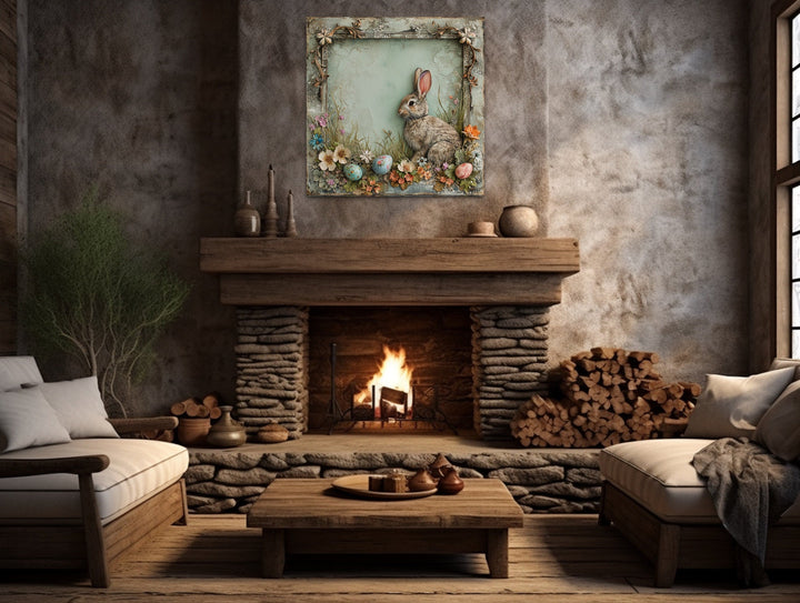Shabby Chic Easter Bunny Framed Canvas Art - Rustic Spring Floral Wall Decor