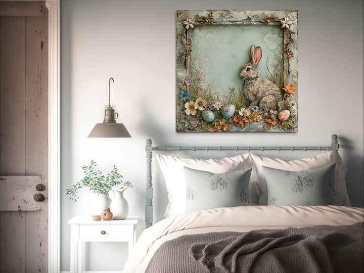 Shabby Chic Easter Bunny Framed Canvas Art - Rustic Spring Floral Wall Decor
