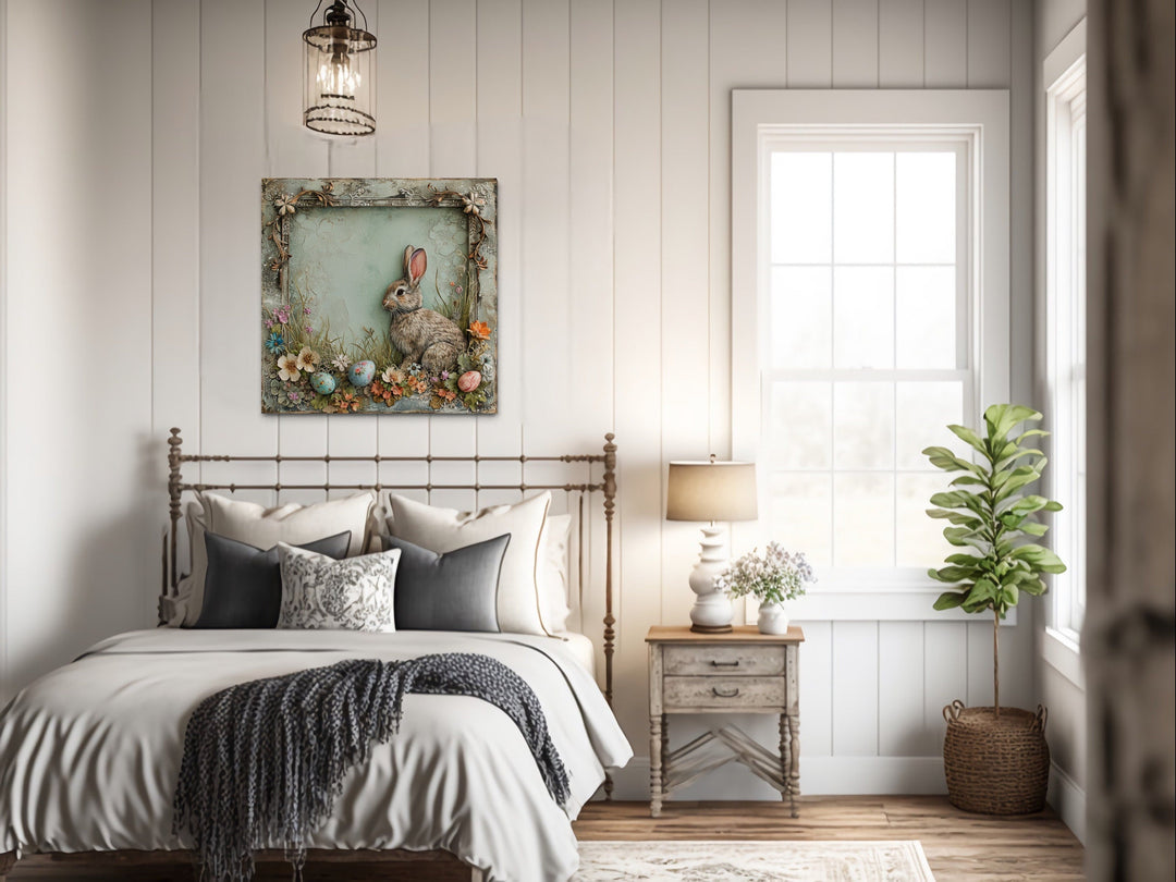 Shabby Chic Easter Bunny Framed Canvas Art - Rustic Spring Floral Wall Decor