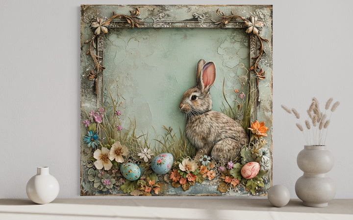 Shabby Chic Easter Bunny Framed Canvas Art - Rustic Spring Floral Wall Decor
