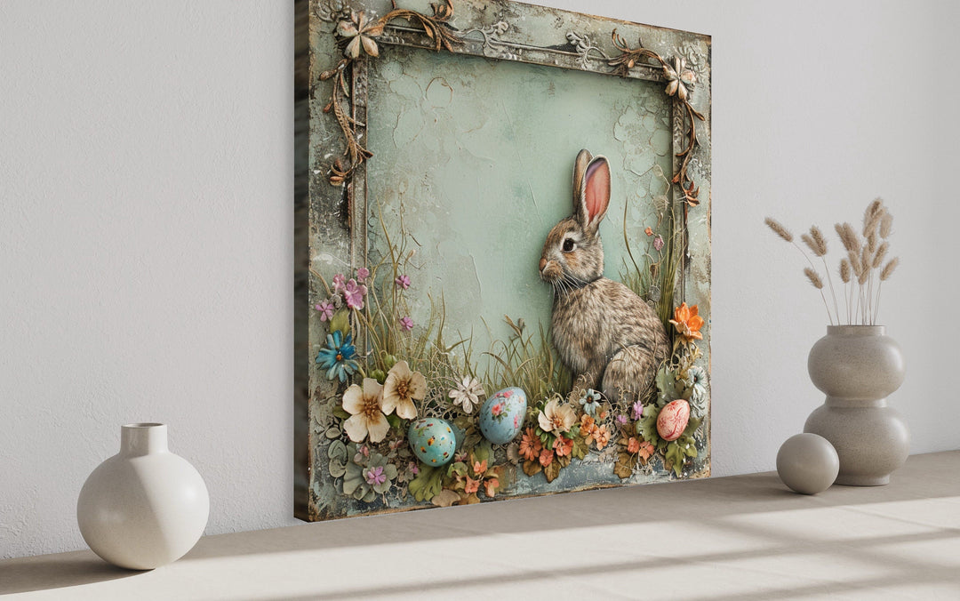 Shabby Chic Easter Bunny Framed Canvas Art - Rustic Spring Floral Wall Decor