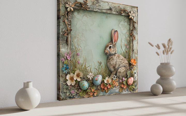 Shabby Chic Easter Bunny Framed Canvas Art - Rustic Spring Floral Wall Decor