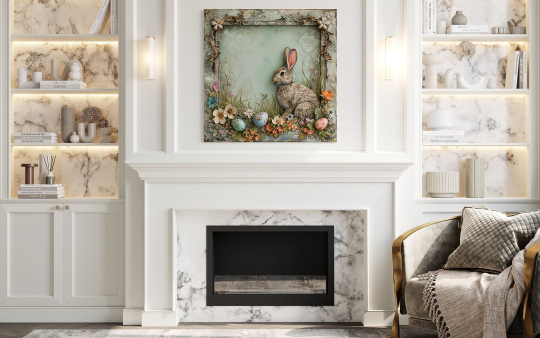 Shabby Chic Easter Bunny Framed Canvas Art - Rustic Spring Floral Wall Decor